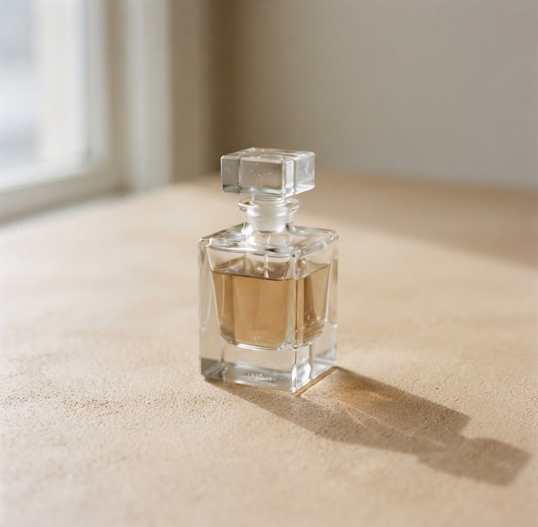 Minimalist editorial photography of a single architectural perfume bottle casting a delicate shadow on a warm champagne surface, soft natural window light, 35mm