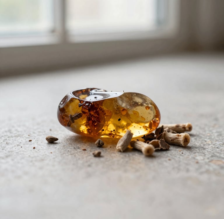 Macro close-up of amber resin and crushed vetiver roots on a clean warm-grey stone surface, soft natural window light, sharp focus, 35mm