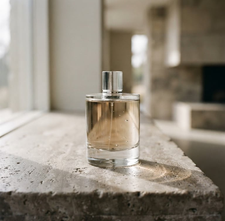Macro close-up of a minimalist glass perfume bottle resting on a warm-grey stone surface, soft natural window light casting delicate caustics, architectural lines, 35mm editorial photography.