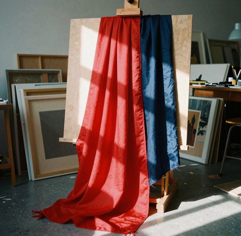 Vibrant editorial photography of a modern, sunlit art studio, high-contrast natural sunlight, rich saturated crimson and navy textiles draped over an easel, 35mm.