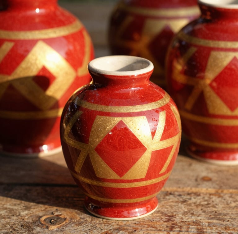 A close-up macro photograph of hand-painted ceramic vessels with bold geometric patterns in crimson and gold, resting on a rustic wooden table under warm golden-hour sunlight