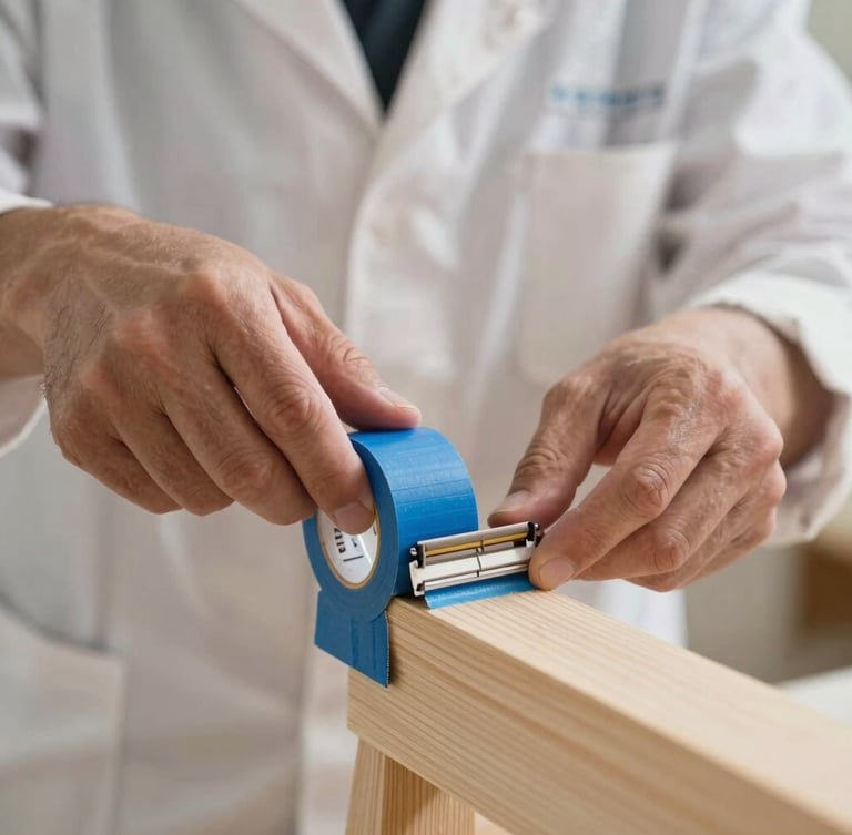 Close-up macro shot of a painter in a clean uniform applying blue painter's tape to a wooden trim, bright natural daylight, razor-sharp edge focus.