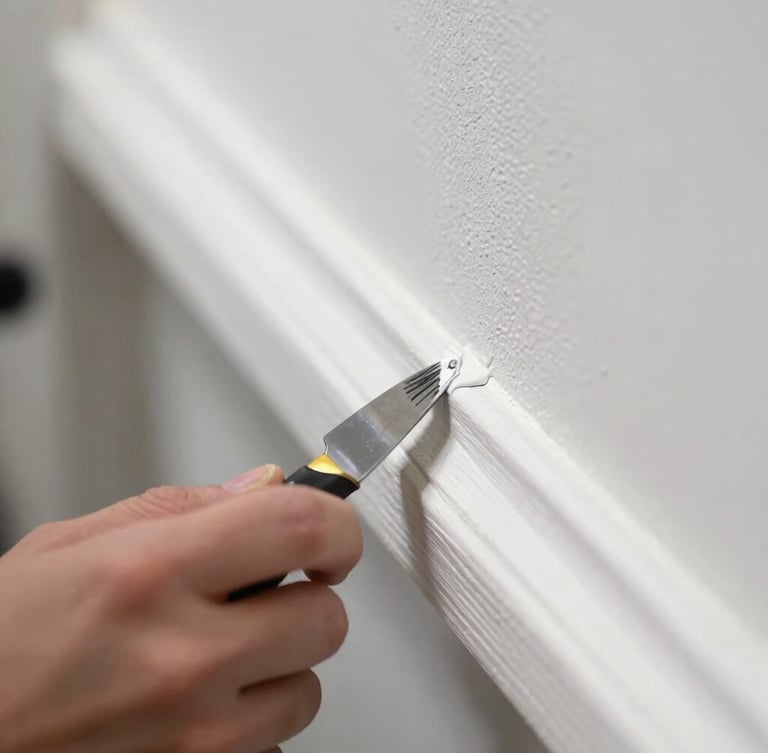 Close-up macro shot of a painter in a clean uniform applying a perfect paint edge against white timber trim with precision tape