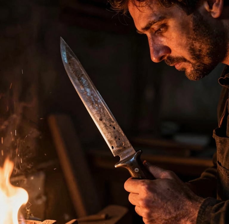 Close-up portrait of artisan Mateus Rapkevicz in a dark rustic workshop, side-lit by warm forge light, holding a hand-forged knife blade, rugged texture, soot-black background