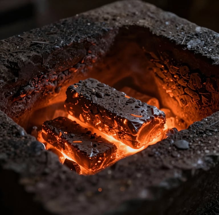 Macro shot of glowing orange embers in a dark stone forge, side-lit, dramatic shadows, highlighting raw steel texture, rich amber and charcoal tones