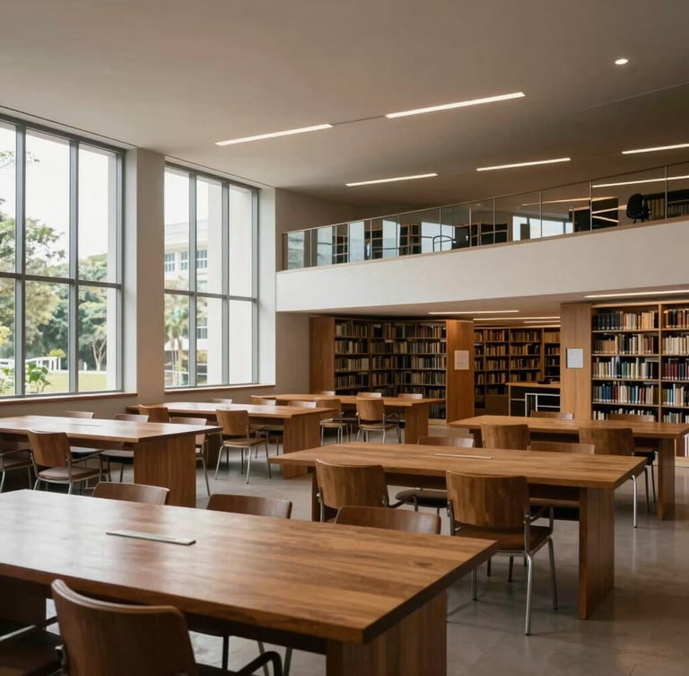 Wide architectural shot of a modern, minimal university library in São Paulo, soft natural light coming from high windows on the left, empty oak tables, quiet and intellectual atmosphere.