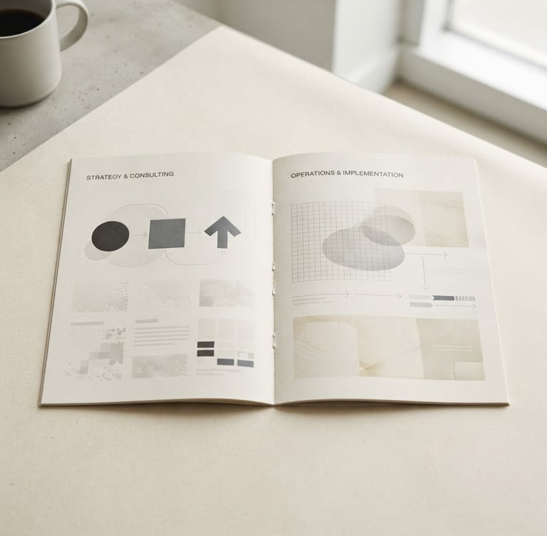 Overhead flat-lay of a professional capability brief document, open to a key services page, on textured cream paper, soft diffused natural daylight, minimalist workspace background with a subtle architectural detail, 50mm lens.