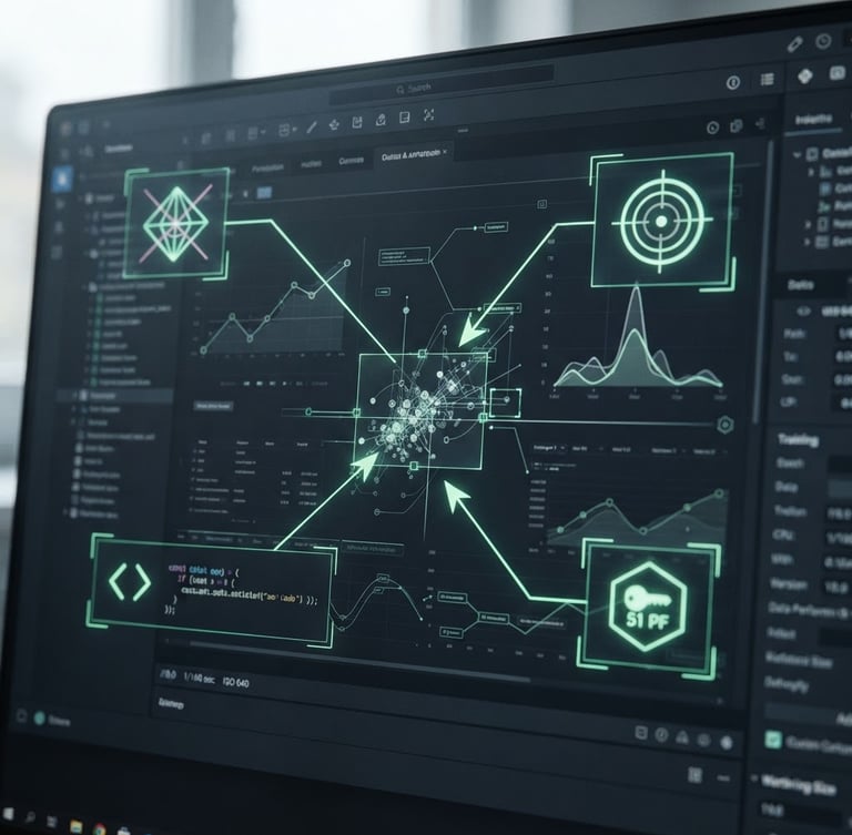 Straight-on UI crop of a software interface with custom neon-green annotated callouts on a dark screen, sharp tech editorial aesthetic, macro details.