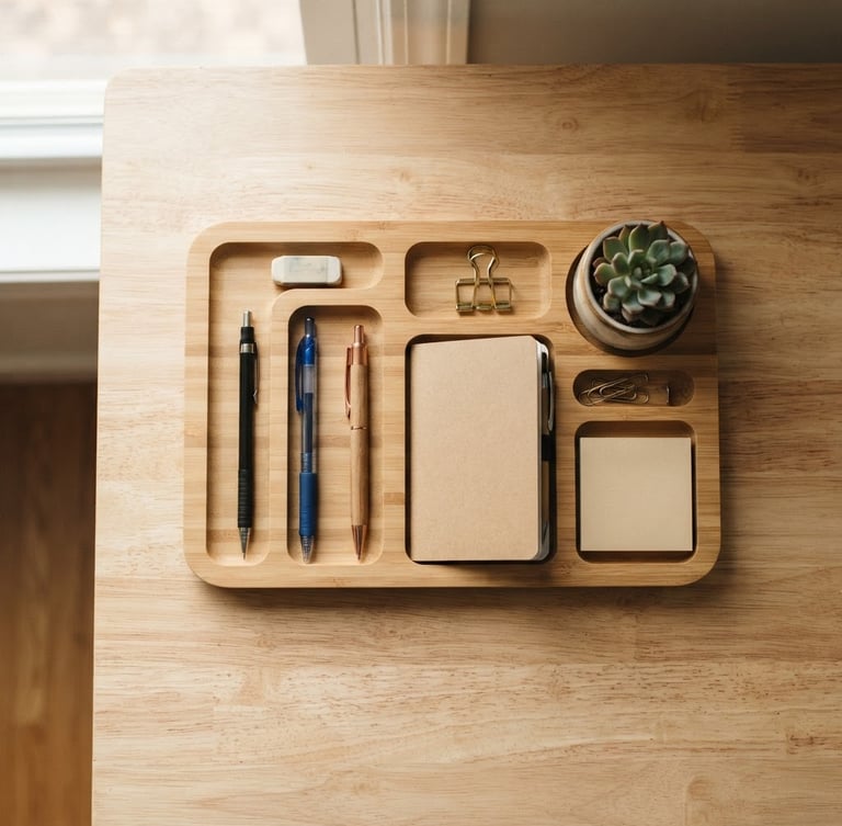 Overhead flat-lay of a modern bamboo desk organizer on a clean light-oatmeal desk, soft natural side-lighting from a window, 50mm lens, shallow depth of field