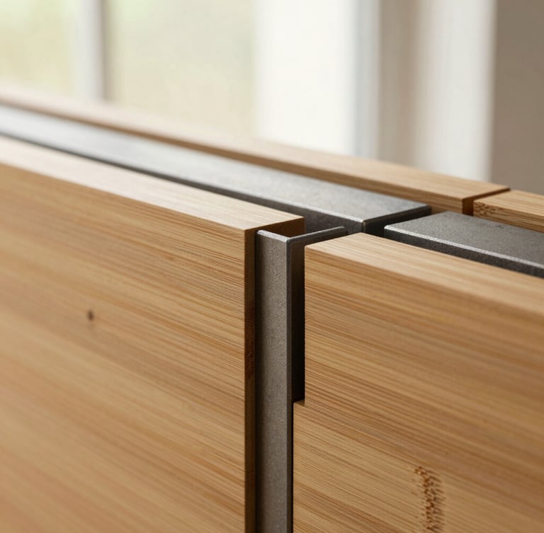 Close-up of matte powder-coated steel interlocking with smooth-grained natural bamboo, highlighting rich material textures, soft natural window light.