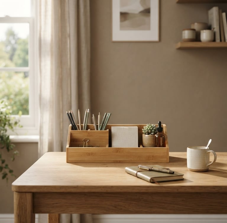 Straight-on eye-level shot of a minimalist wooden desk with a bamboo organizer under soft natural side-lighting from a window, muted earthy tones.