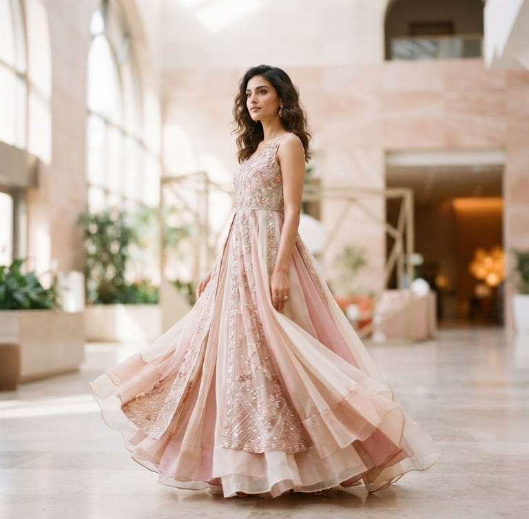 A female model in an elegant, flowing Afiya Fashions garment, standing in a bright, airy architectural setting with soft natural daylight, shallow depth of field, pastel pink and rose gold tones, 85mm lens.