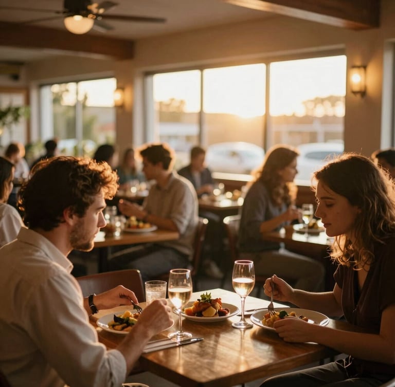 Warm, inviting interior of a bustling restaurant dining room at golden hour, soft focus on blurred patrons enjoying meals, inviting glow, wide environmental shot, natural window light, rich saturated colors.