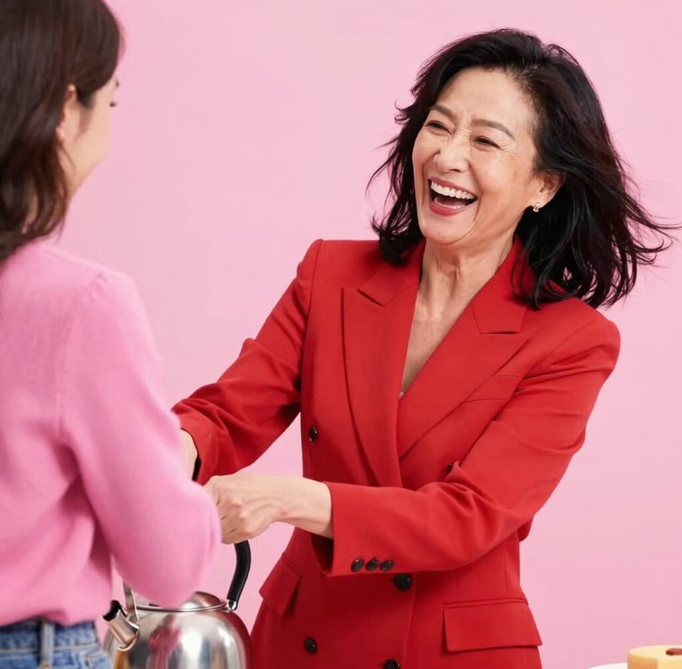 Dynamic mid-shot editorial photo of a fabulous woman in her late 50s with dark hair, wearing a bold crimson blazer, laughing joyfully with a younger woman in a pink sweater over a hot kettle. Saturated colors, bright high-contrast daylight, 35mm lens.