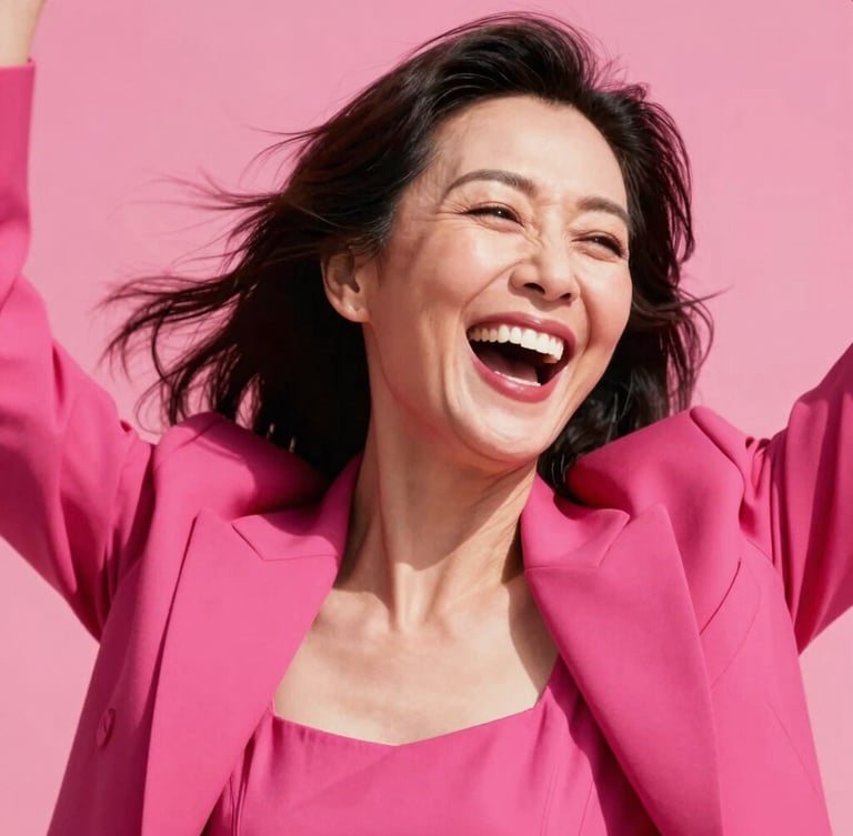 A close-up of a joyful, stylish woman in her late 50s with dark hair, wearing a bright magenta blazer, laughing dynamically in high-contrast natural daylight.