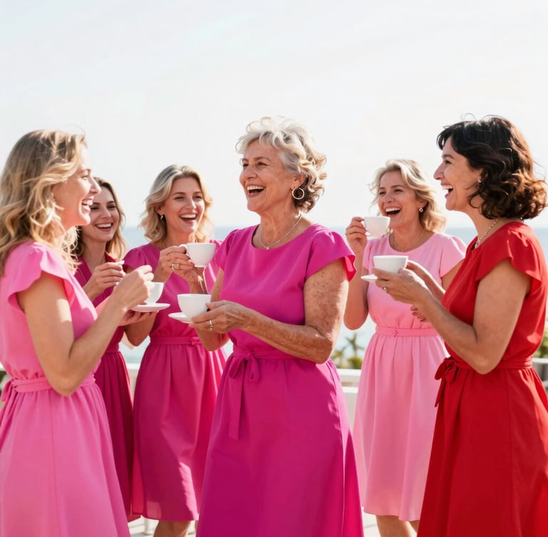 Bright high-contrast daylight photo of a culturally diverse group of older women in vibrant pink and red dresses hosting a lively outdoor tea party with younger women, genuine laughter, dynamic motion blur, 35mm lens.