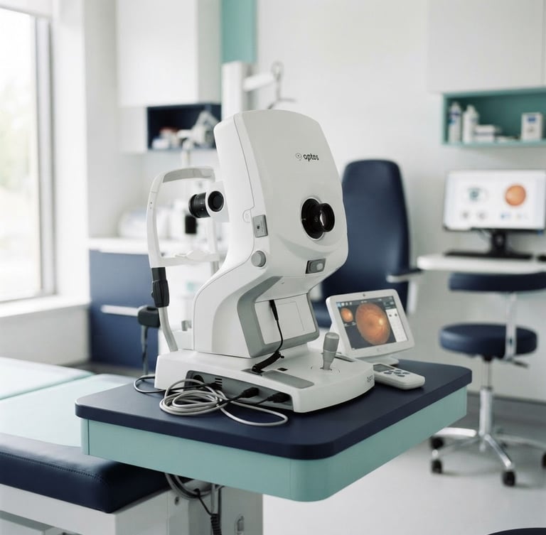 Bright clinical photography of an advanced ophthalmic diagnostic machine in a clean modern eye clinic, soft natural daylight, navy and teal accents, sharp focus, 35mm