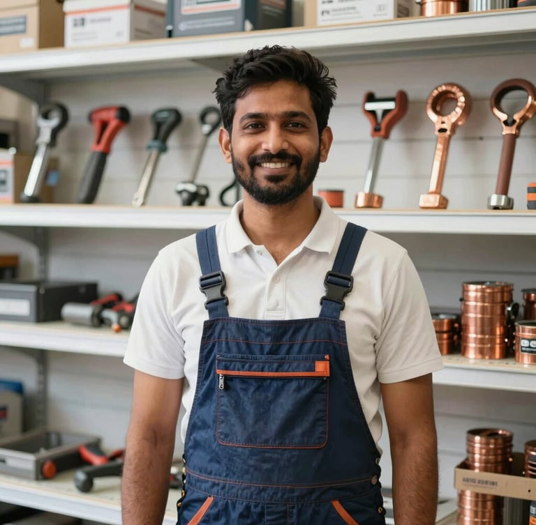 A crisp portrait of a friendly Indian hardware store owner standing in front of neatly arranged shelves of tools, bright natural daylight, professional trade environment
