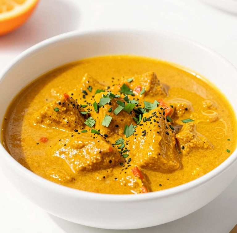 Crisp close-up of a chef finishing a vibrant regional curry with fresh green herbs, bright natural daylight, clean white background, vivid orange accents