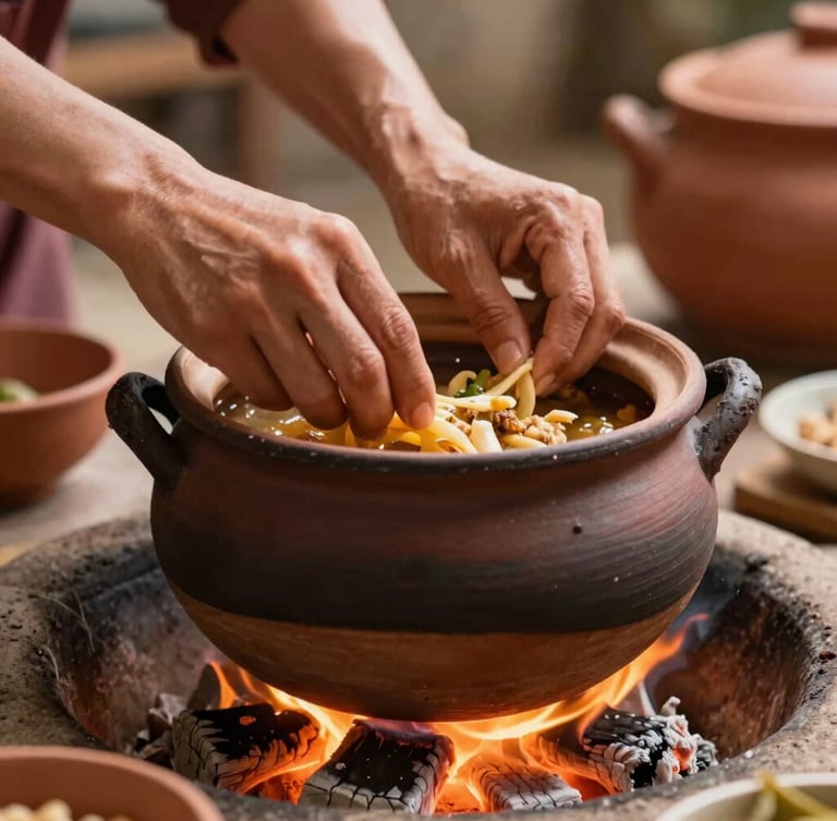 Close-up of hands preparing traditional food in a dark clay pot over an open fire, warm embers glowing, soft natural light, rustic kitchen details