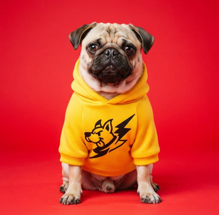 Vibrant pop-art product photography of a pug wearing a bright yellow dog hoodie with a bold black graphic, high-key studio lighting, saturated red background, portrait 3:4 aspect
