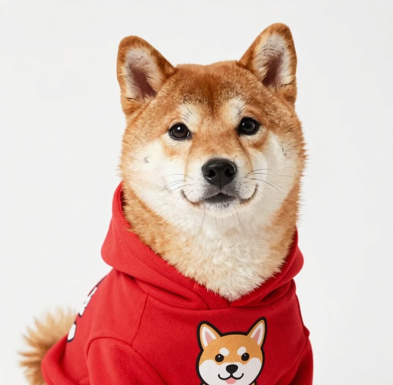 Vibrant pop-art close-up of a Shiba Inu wearing a bright red dog hoodie with funny text, bright studio lighting, sharp focus