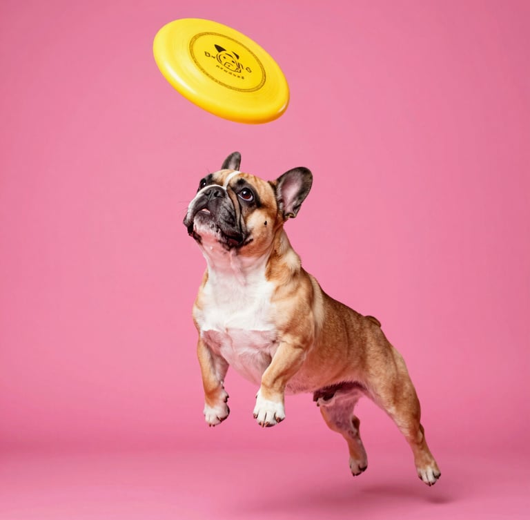 Dynamic low-angle pop-art photo of a French bulldog mid-air catching a bright yellow frisbee, high-key studio lighting, saturated colors, sharp focus, 35mm lens