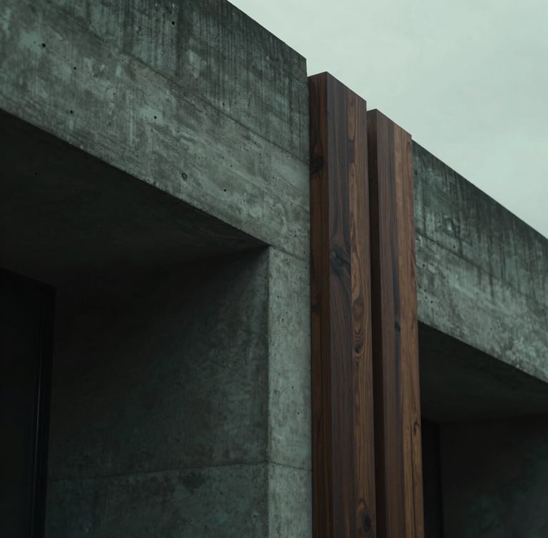 Cinematic medium shot of raw concrete and dark walnut wood architectural details, overcast daylight, deep shadows, moody low-key lighting, 35mm lens.