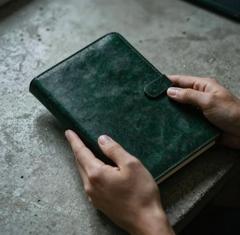 Moody close-up shot of hands holding a dark leather-bound journal on a raw concrete desk, overcast natural light, deep shadows, dark green tones