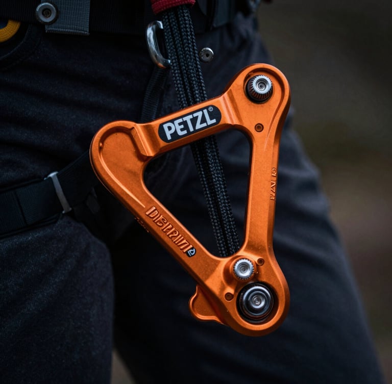 Macro shot of a high-visibility safety orange Petzl ID descender threaded with heavy black rope, dramatic low-key lighting highlighting metallic textures of anodized aluminum