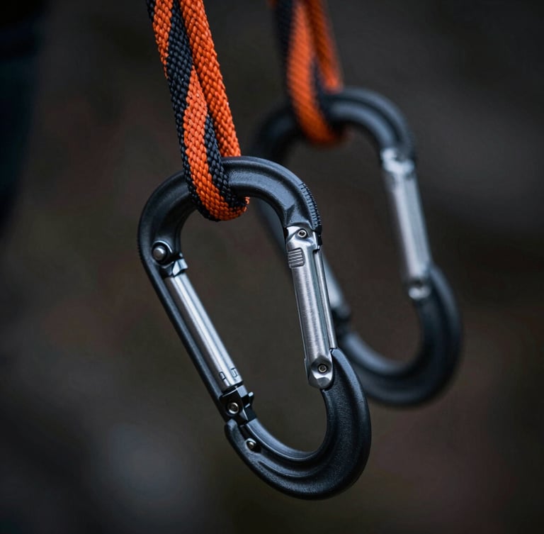 Macro photography of technical climbing ropes in black and safety orange, with highly detailed anodized aluminum carabiners and a technical descender in sharp focus, shallow depth of field, dark dramatic lighting