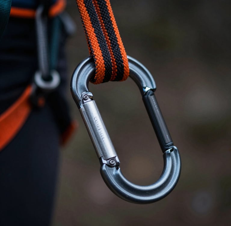 Macro shot of professional Petzl climbing gear, black and orange ropes, metallic carabiners with anodized aluminum texture, shallow depth of field, low-key dramatic lighting.