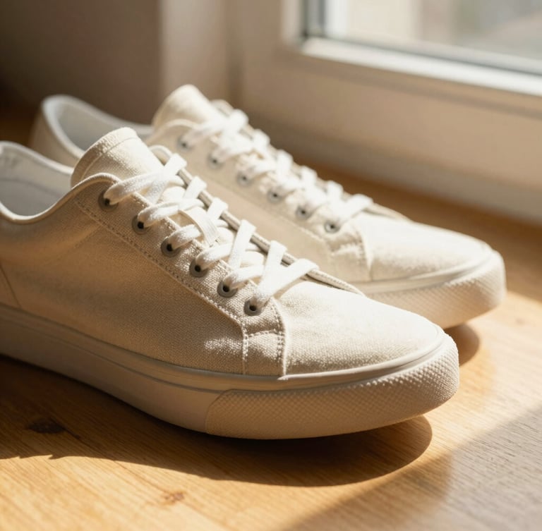 Low-angle close-up of a lightweight sneaker resting on sunlit wooden floor, warm golden-hour shadows, soft morning window light, canvas texture visible