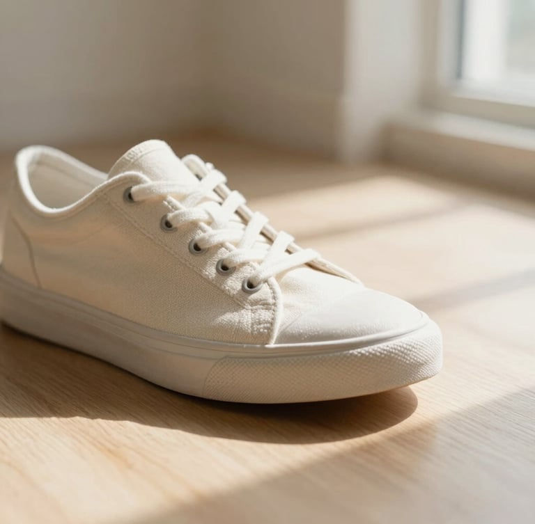 Low-angle close-up of a lightweight sneaker resting on a sunlit wooden floor, soft diffused morning light casting long shadows, showing the fine texture of honest canvas.