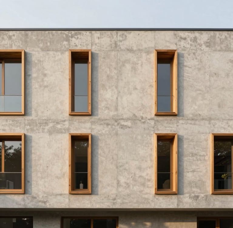 Wide-angle architectural elevation of a minimalist residential concrete facade, integrated local oak window frames, golden-hour grazing light highlighting texture.