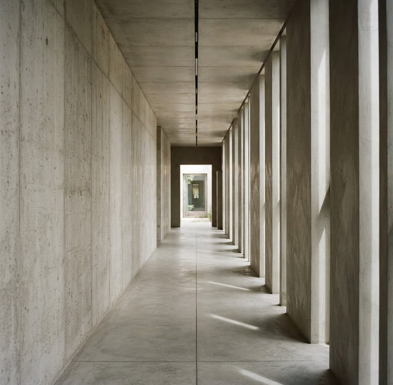 Strict one-point perspective of a minimalist concrete corridor, natural daylight casting sharp diagonal shadows on a textured raw plaster wall, architectural editorial photography, 35mm lens.