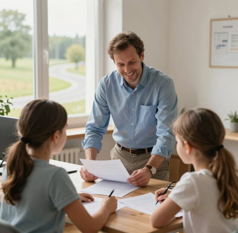 Approachable German advisor in a warm-lit office talking with a smiling family over documents, soft natural light, authentic editorial style