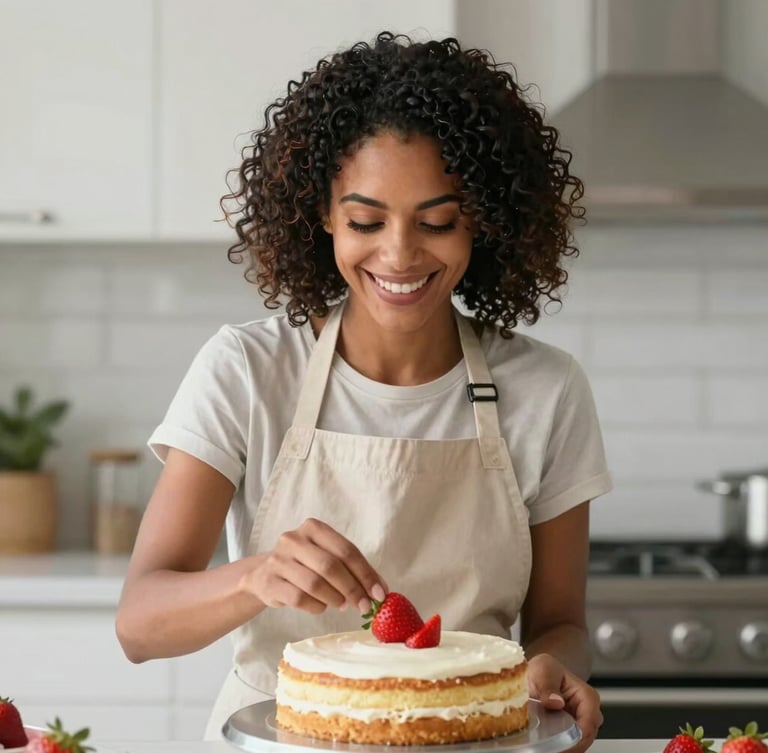 Gisane smiling warmly in a bright home kitchen, wearing a clean beige apron, delicately placing a fresh strawberry on top of a naked cake, soft daylight