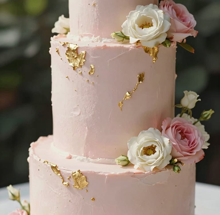 Close-up of a modern tall birthday cake with smooth pastel pink buttercream, delicate gold leaf details, and fresh flowers, shot in bright morning daylight.