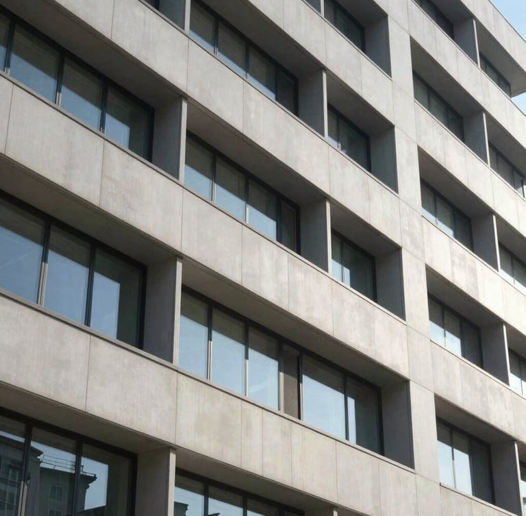 Architectural close-up of a modern healthcare facility facade, clean geometric lines, bright daylight with sharp slate-gray shadows.