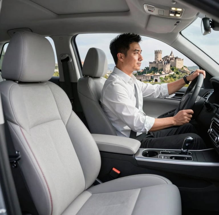 Spotless modern taxi interior, clean passenger seats, bright daylight, Elazığ Harput Castle silhouette visible through the window, professional driver in clean attire at the wheel