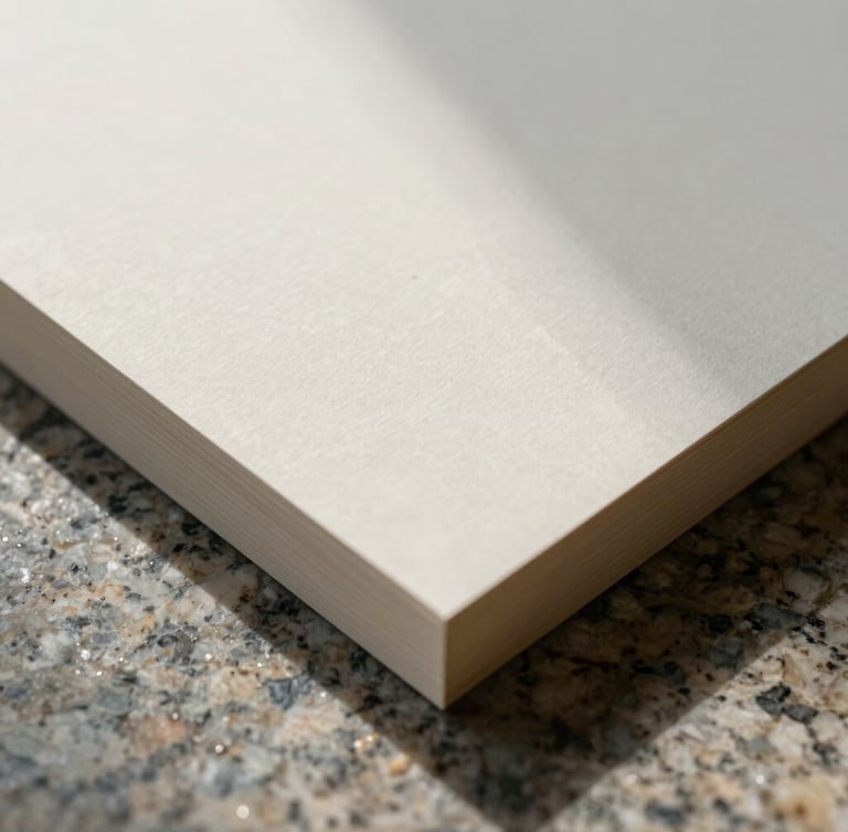 Macro close-up of thick, debossed stationery resting on a slab of raw cut granite, soft morning light.