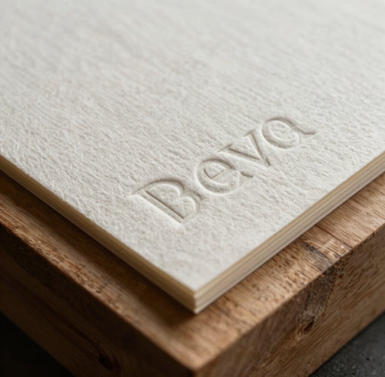 Close-up of heavily embossed thick cotton paper brand collateral with deep debossed typography, resting on a raw oak block, low-angle natural light