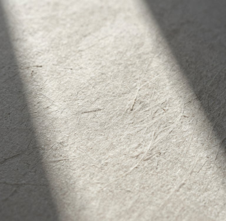 Macro close-up of heavy embossed cotton paper stock showing raw, tactile fibers under sharp low-angle sunlight casting deep architectural shadows.