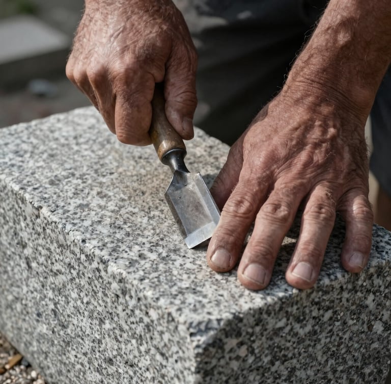 Extreme close-up of weathered hands striking a granite block with a chisel, high-contrast side lighting emphasizing the raw texture of the stone, overcast natural light.