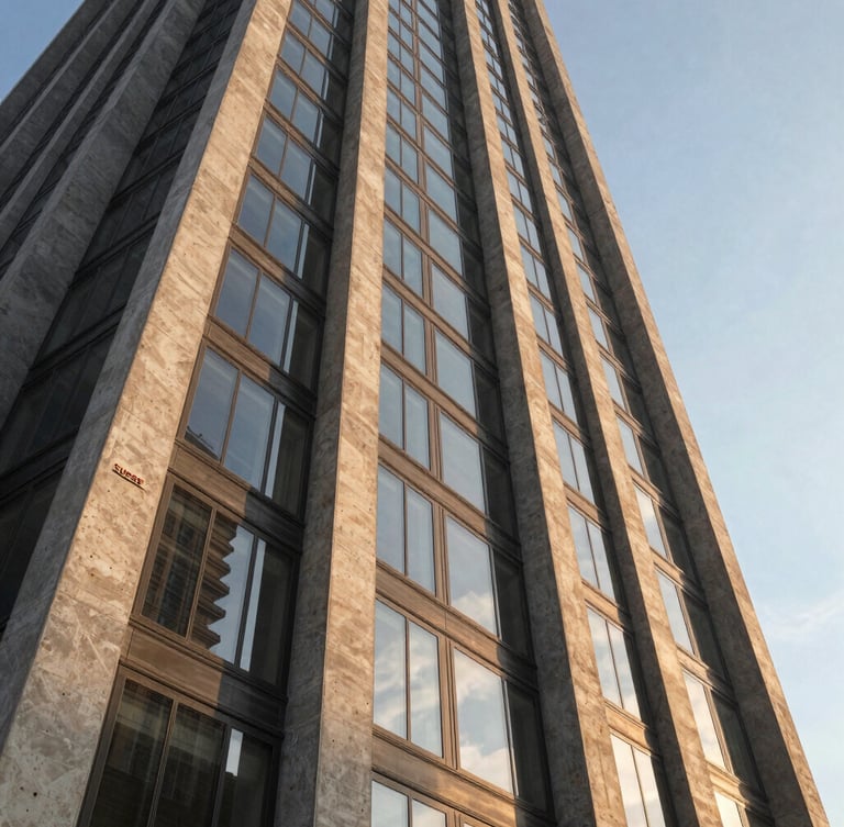 Low-angle architectural shot of a delivered Supera tower, sharp concrete textures and golden hour light reflecting on glass panels