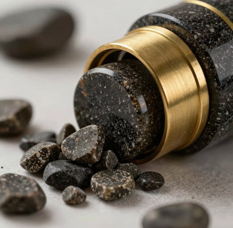 Macro shot of premium raw materials, polished dark stone meeting brushed brass details, soft natural side lighting.