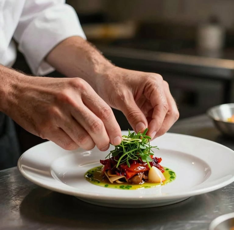Close-up of a chef's hands delicately plating a dish in a busy, dimly lit kitchen, natural side-light, shallow depth of field.