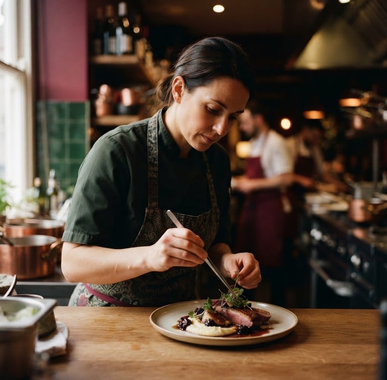 Portrait of a chef in a dimly lit, cozy restaurant kitchen, focused on plating a dish, warm editorial photography, soft natural side-light, rich crimson and forest green tones, shallow depth of field, 35mm