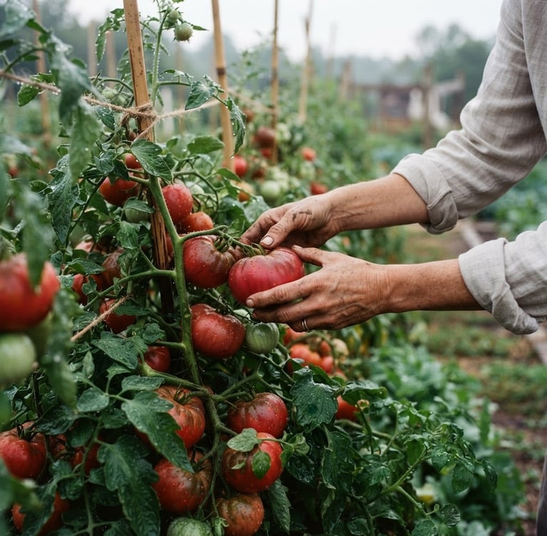 Wide panoramic shot of hands gently harvesting heirloom tomatoes at dawn, soft overcast daylight, dew drops visible on leaves, shallow depth of field, rich crimson and forest green tones.